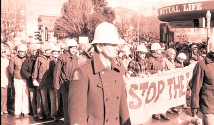 Anti-Apartheid and anti-Tour protest vanguard on match day.