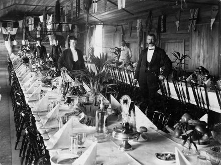 Dining room and staff ready for opening of Miranui Flaxmill, near Shannon