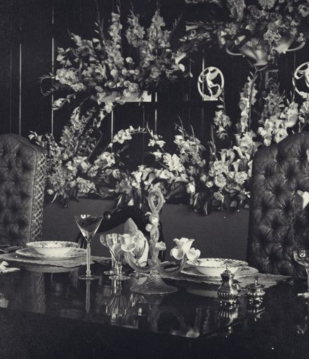 Flower arrangments and table settings for the visit of Queen Elizabeth II and the Duke of Edinburgh