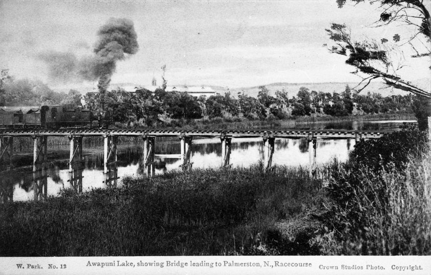Steam train crossing Awapuni Lagoon