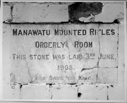 Foundation stone of Manawatu Mounted Rifles' orderly room, Berryman's Lane