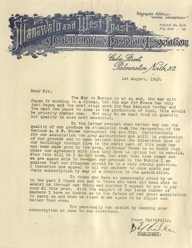 Letter from the Manawatu and East Coast Agricultural and Pastoral Association