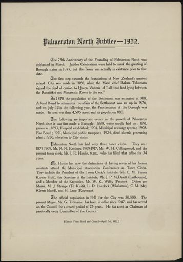 Notice of the Palmerston North jubilee - 1952
