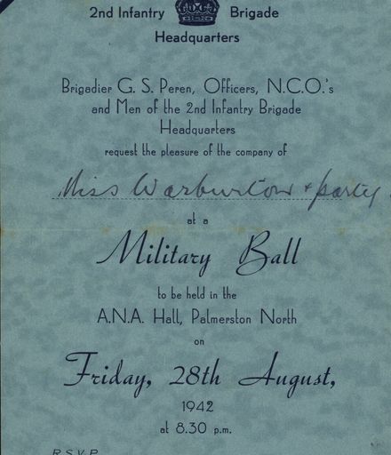 Invitation to Military Ball addressed to Miss Warburton and party