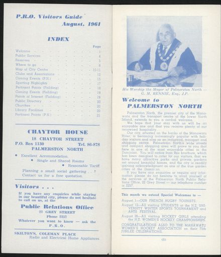 Visitors Guide Palmerston North and Feilding: August 1961 - 2