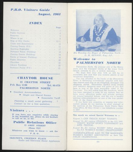 Visitors Guide Palmerston North and Feilding: August 1961 - 2