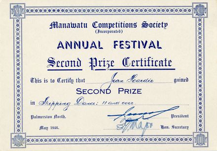 Manawatū Competitions Society certificates received by Jean Hardie in 1946