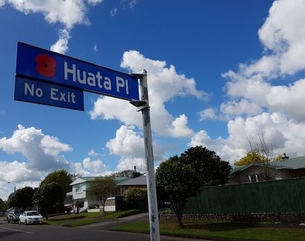 Huata Place street sign with poppy