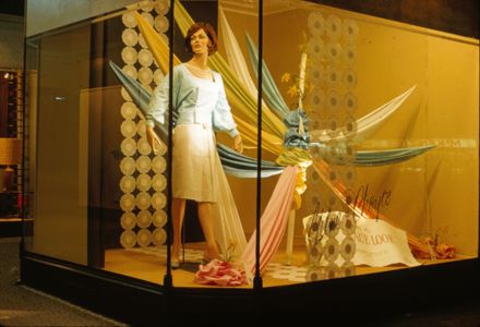 Milne and Choyce window display of lace look fabrics