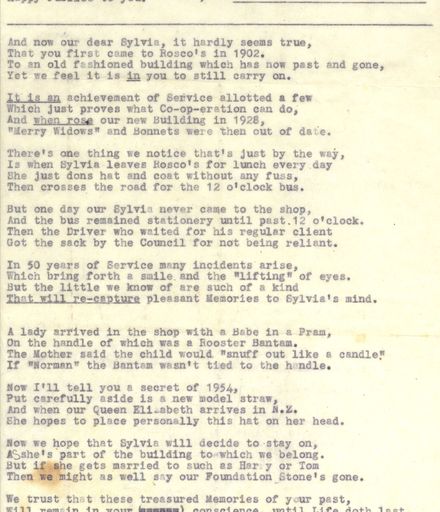 Song lyrics written for Miss Haycock’s celebration of 50 years’ service for C M Ross Co. Ltd
