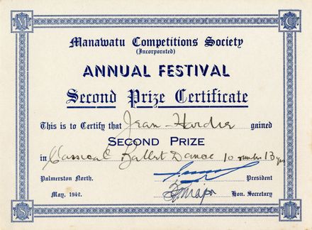 Manawatū Competitions Society certificates received by Jean Hardie in 1942