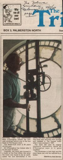 Newspaper article regarding Mike O’Donoghue who looks after the Clock Tower, Palmerston North