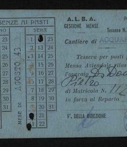 Card to mark off attendance at meals written in Italian