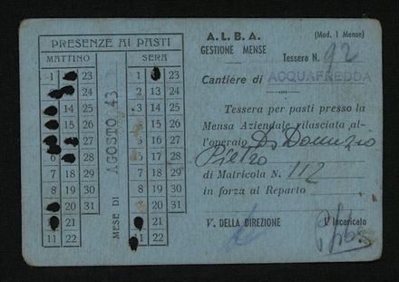 Card to mark off attendance at meals written in Italian
