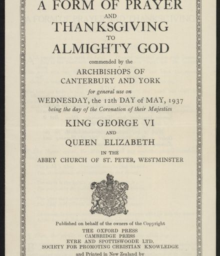 Coronation of King George VI and Queen Elizabeth - Order of Service