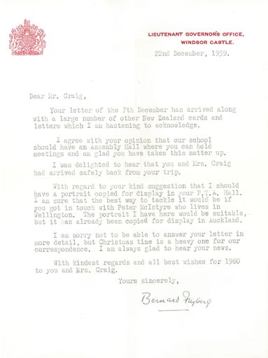 Letter from Sir Bernard Cyril Freyberg