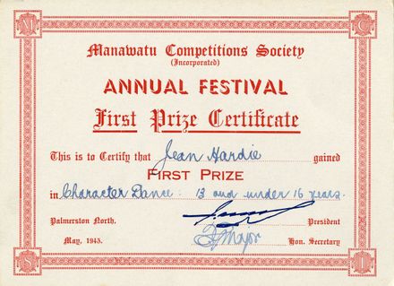 Manawatū Competitions Society certificates received by Jean Hardie in 1943