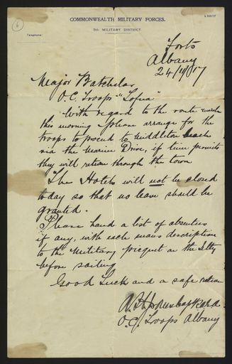 Letter to Major Arthur Batchelar as Officer Commanding troops on the ‘Tofua’, regarding a route march in Albany, Australia