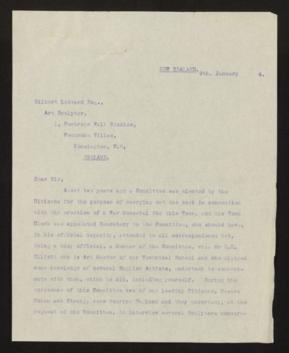 Correspondence regarding design of memorial, PN & Districts Soldiers' Memorial Fund, 9 January 1924 - Resource cover image