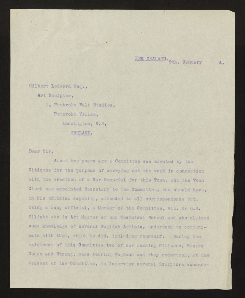 Correspondence regarding design of memorial, PN & Districts Soldiers' Memorial Fund, 9 January 1924