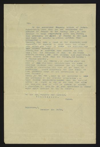 Page 1: Letter to the Minister of Railways regarding the fencing of the railway line down Main Street