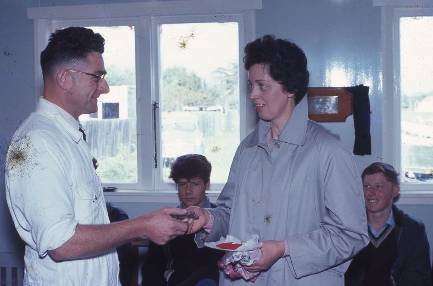 Palmerston North Motorcycle Training School - 1000th enrolment October 1965 - Mrs Cawdell