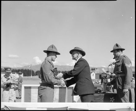 War Veteran Presents a Trophy to a Soldier, 23rd Intake, Central District Training Depot, Linton