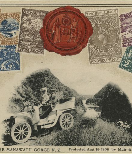 Postcard photograph of motorists in the Manawatu Gorge surrounded by New Zealand stamps