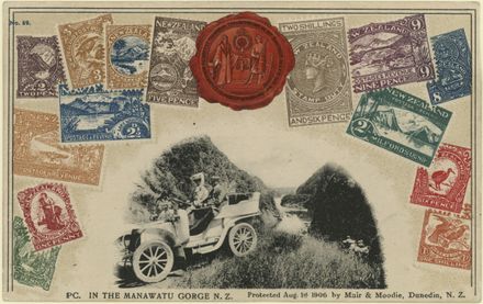 Postcard photograph of motorists in the Manawatu Gorge surrounded by New Zealand stamps Postcard photograph of motorists in the Manawatu Gorge surrounded by New Zealand stamps