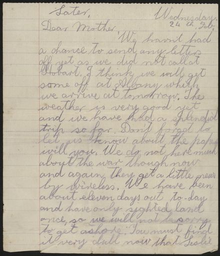 Letter from Len Argyle during WWI
