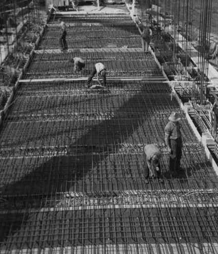 Laying reinforcing rods for concrete decking on Fitzherbert Bridge