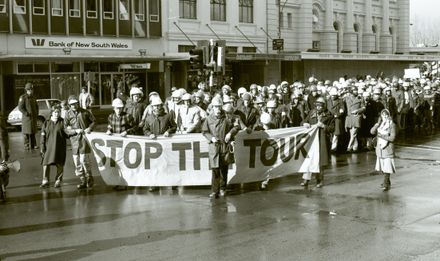 Anti-Apartheid and anti-Tour protest vanguard on match day.