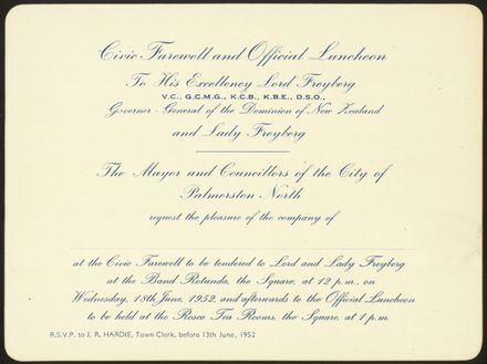 Invitation to a Civil function and farewell for the Governor General and Lady Freyberg - Resource cover image