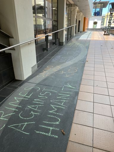 Chalked protest slogans outside Palmerston North City Library