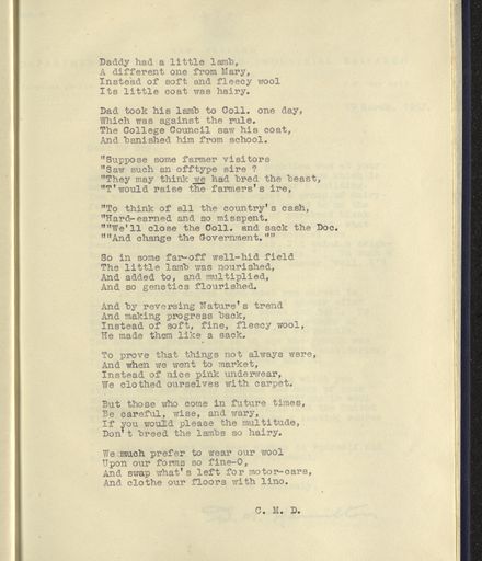 Page 3: Letter and poem written as a tribute to Dr F W Dry on his retirement from Massey Agricultural College