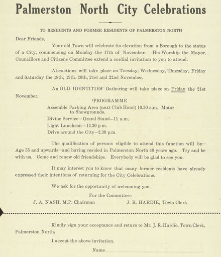 Invitation to 'Old Identities' of Palmerston North, to celebrate the acheiving of city status