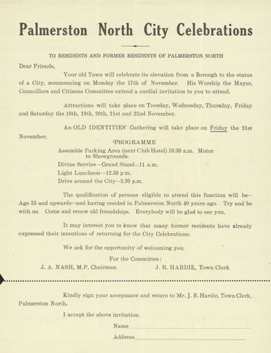 Invitation to 'Old Identities' of Palmerston North, to celebrate the acheiving of city status