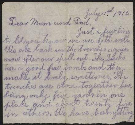 Letter home from Gallipoli during WWI