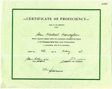Certificate of Proficiency, Palmerston North Motor Cycle Training School