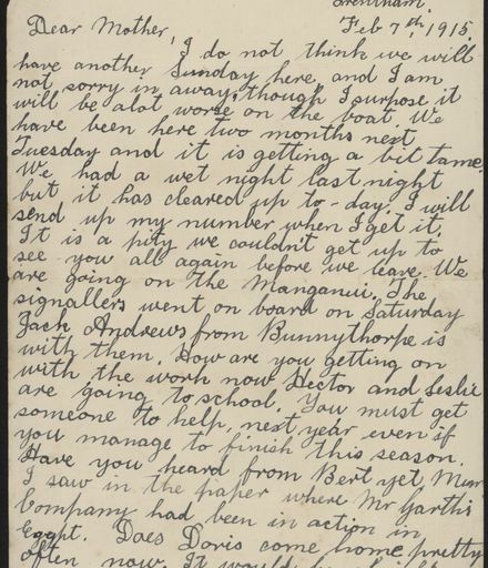 Letter from Len Argyle, from Trentham in WWI