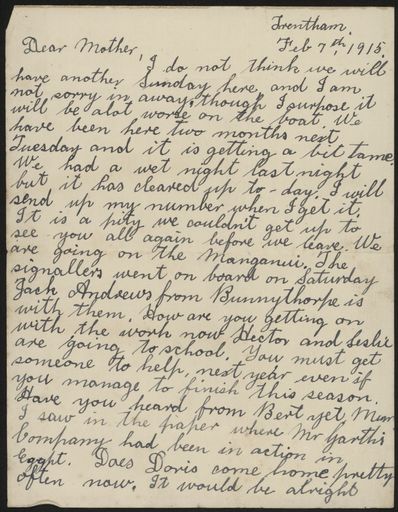 Letter from Len Argyle, from Trentham in WWI