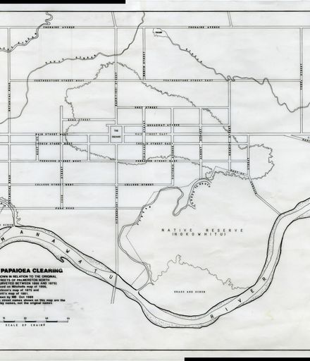 The Papaiōea Clearing shown in relation to original streets of Palmerston North