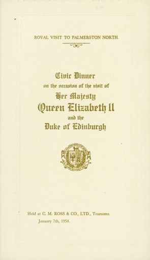 Menu for the Civic Dinner for Queen Elizabeth II and the Duke of Edinburgh