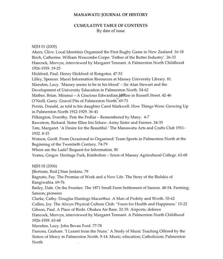 The Manawatū Journal of History: cumulative table of contents by date of issue