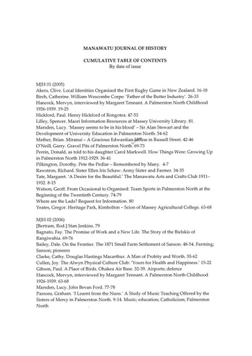The Manawatū Journal of History: cumulative table of contents by date of issue The Manawatū Journal of History: cumulative table of contents by date of issue