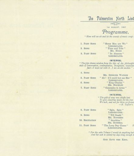 Page 2: Palmerston North Liedertafel Smoke Concert invitation and programme