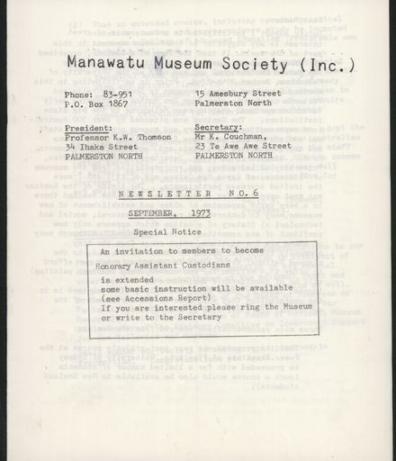 Manawatu Museum Society (Inc.) Newsletter No. 6