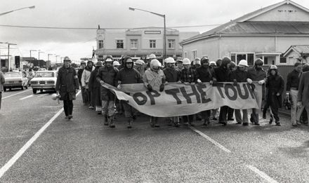 Anti-Apartheid and anti-Tour protest vanguard on match day.