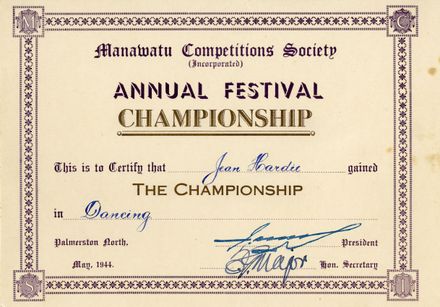 Manawatū Competitions Society certificates received by Jean Hardie in 1944