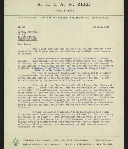 Letter from Clif Reed to G C Petersen